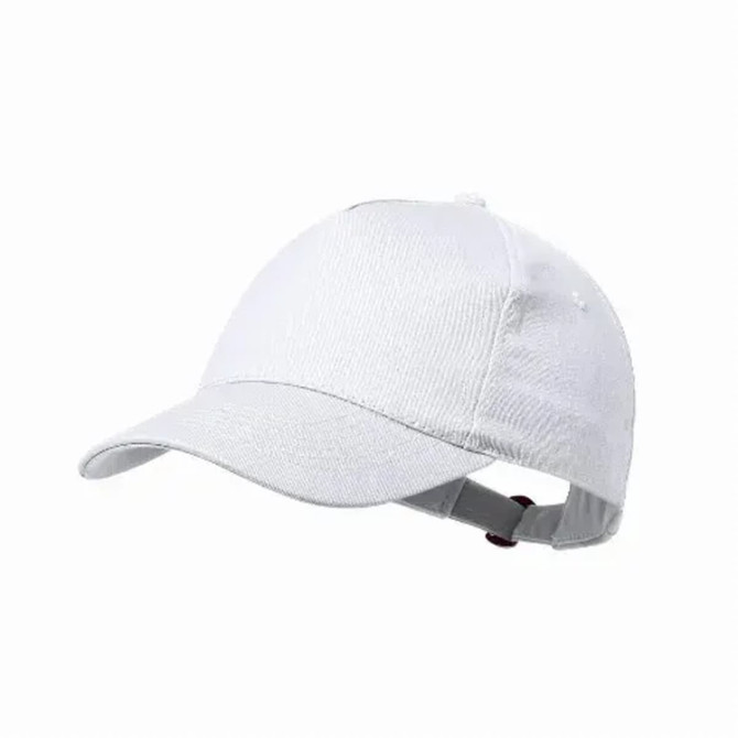 A white cap with a curved brim and an adjustable strap at the back. It features a logo on the side.