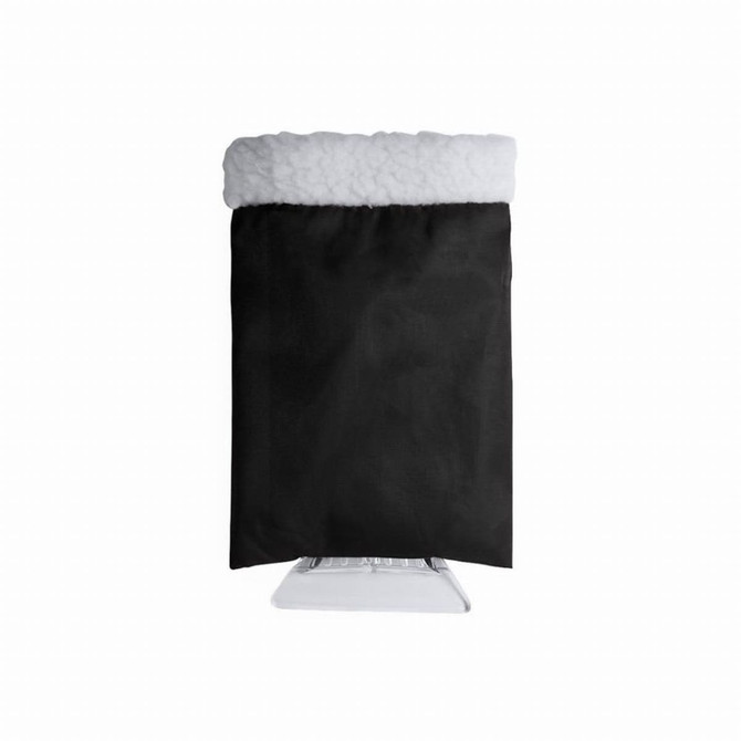 A black ice scraper with a white, fluffy top edge, designed for outdoor use. It features a logo.