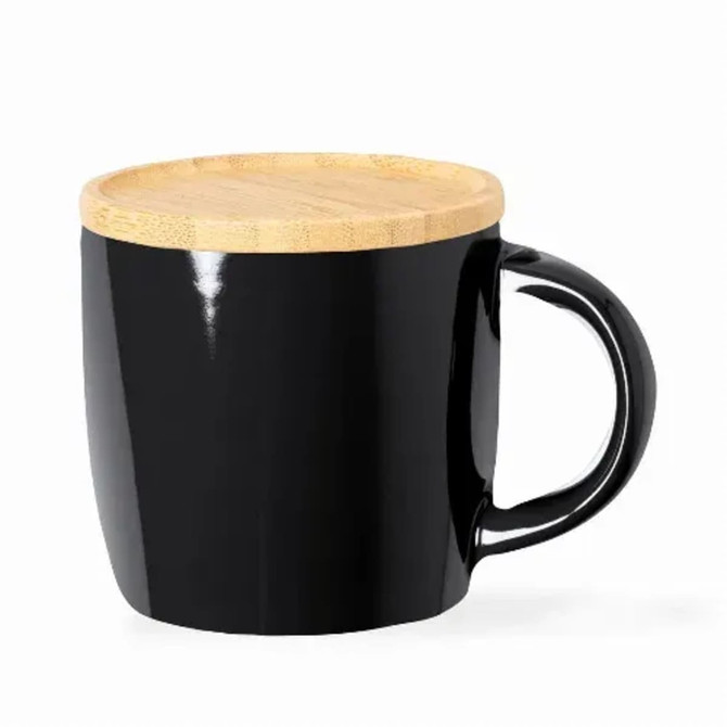 A ceramic mug in black with a bamboo lid, featuring a smooth, glossy finish and a curved handle.
