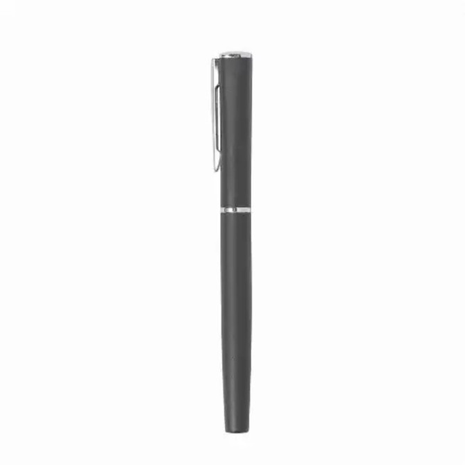 A sleek black metal pen with a silver clip, featuring a minimalist design and a logo on the barrel.