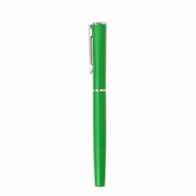 A green metal pen with a silver clip, featuring a sleek design and an embedded logo.
