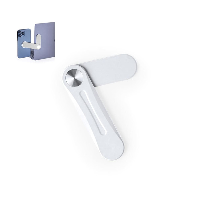 A silver mobile phone holder with a sleek design, featuring a branding logo.