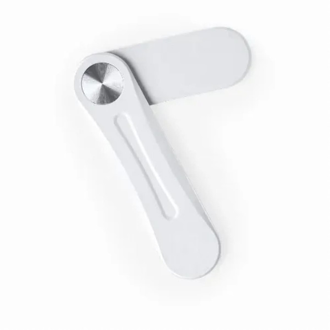 A white mobile phone holder with a sleek design and a metal accent. It features an adjustable arm for positioning.