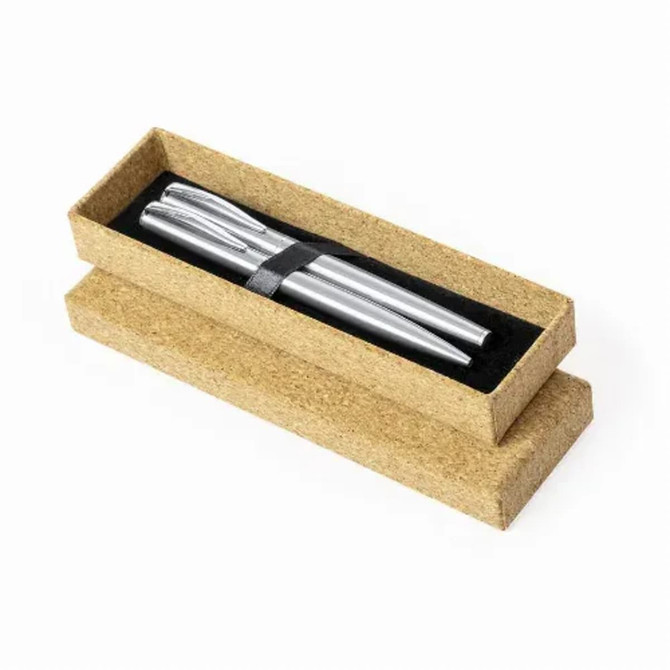 A metal pen set in a gift box with a cork exterior, featuring two silver pens in a soft black interior.