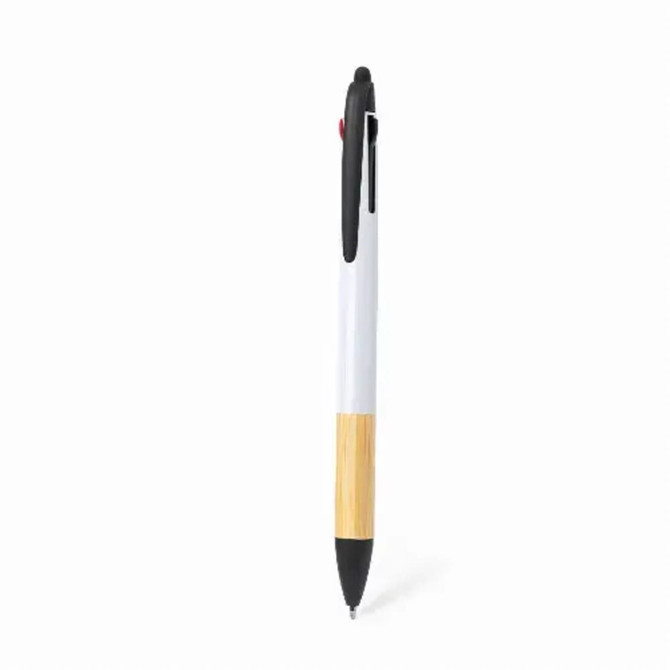 A stylus touch ball pen with a white barrel, bamboo section, and black accents. The pen features a logo.
