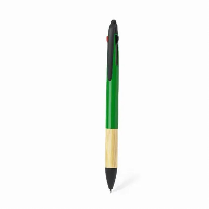 A green ballpoint pen with a bamboo accent and a black top. Features a stylus tip and a logo.