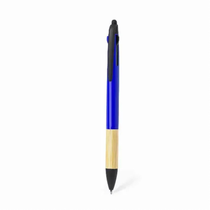 A blue and beige 3 in 1 stylus touch ball pen with a black grip and a logo.
