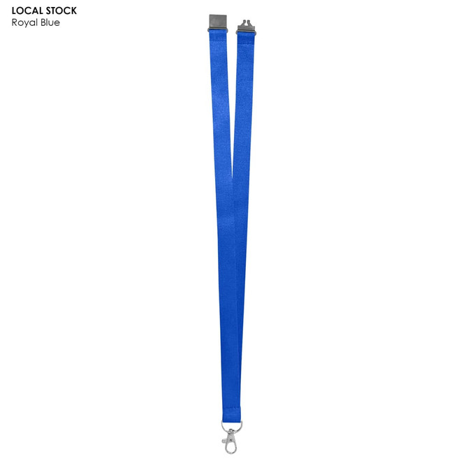 A royal blue polyester lanyard, 20mm wide, featuring a metal clip and branding. Ideal for exhibitions and events.