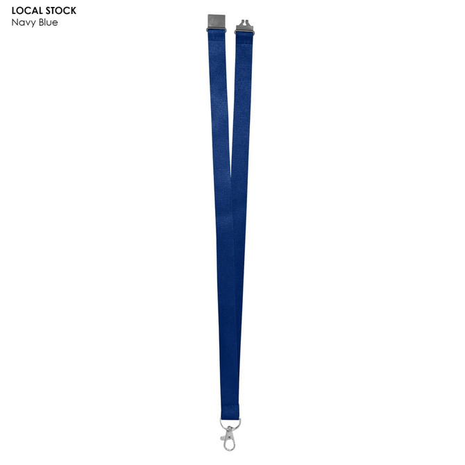 Navy blue polyester lanyard, 20mm wide, featuring a clip and logo branding. Suitable for exhibitions and events.