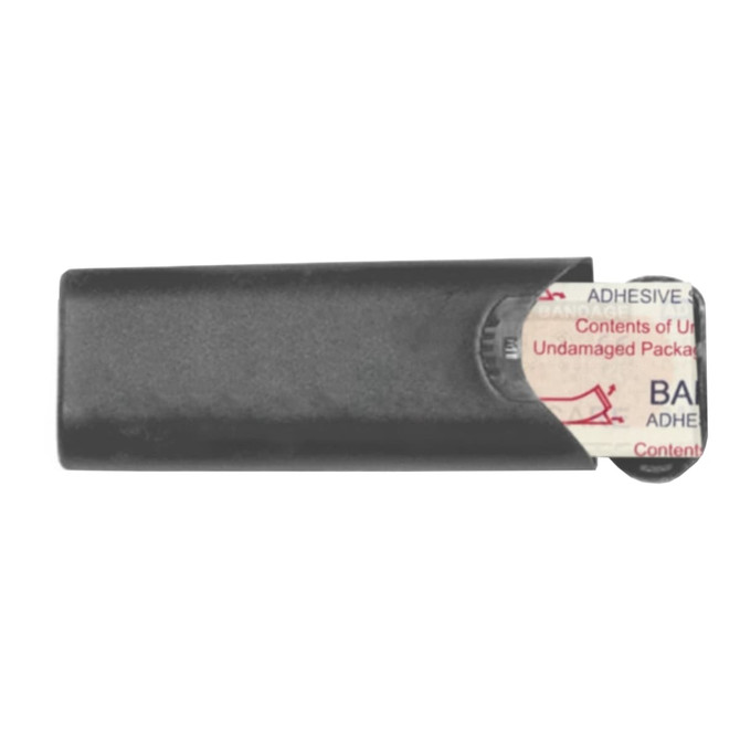 A sleek black bandage case with a compartment for adhesive bandages, featuring a rounded opening.