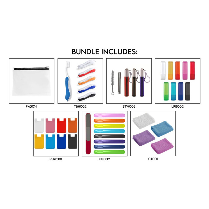 A travel bundle including various health and personal care items in multiple colours, with a branded storage pouch.