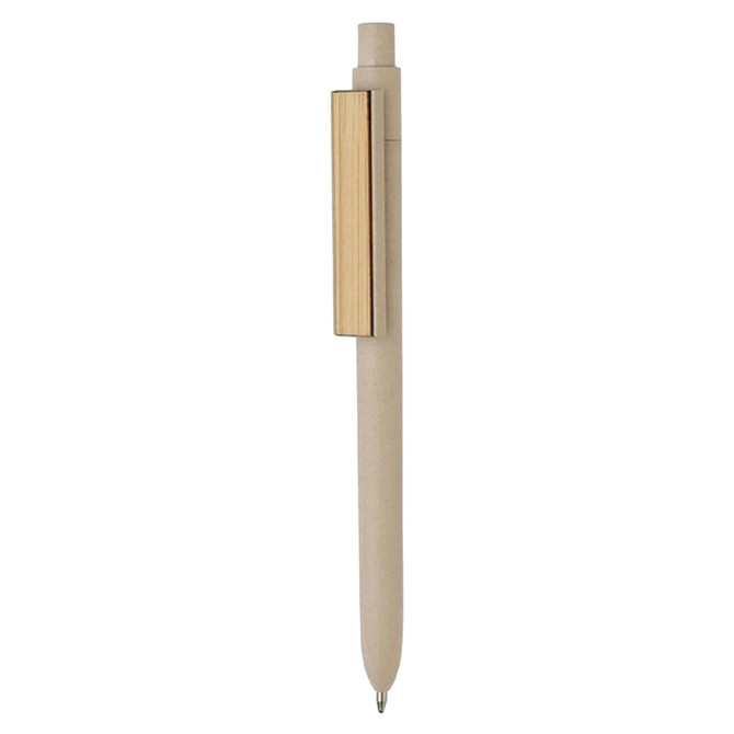 A bamboo fibre pen in a natural colour with a wooden clip. The pen features a minimalist design and a logo.
