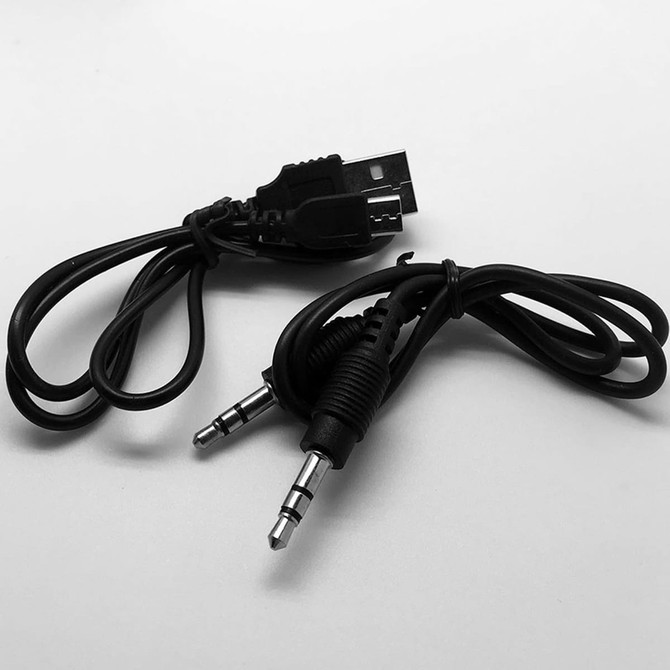 A set of black audio and USB cables, featuring two 3.5mm audio jacks and a USB connector.