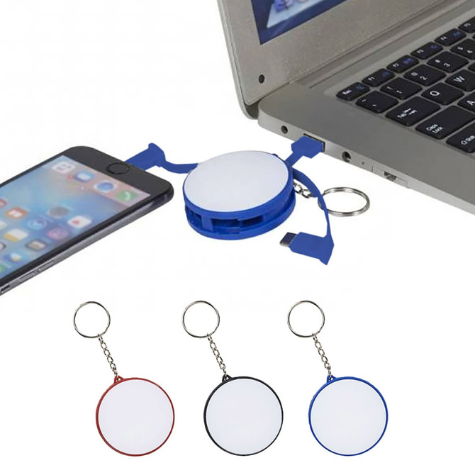A charging cable key ring in blue, red, and black, connecting a phone to a laptop with a keychain attachment.