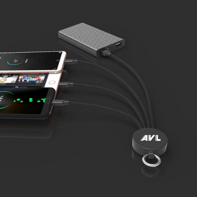 A drink bottle opener with a black charging cable, featuring multiple connectors and a branded keychain attachment.