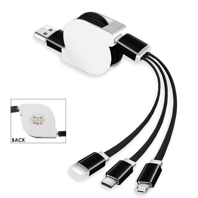 A retractable charging cable in black and white, featuring multiple connectors for different devices. Includes a logo.