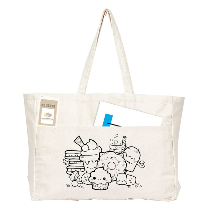 A large cream tote bag featuring a cute ice cream design and a pocket, with a card visible inside.
