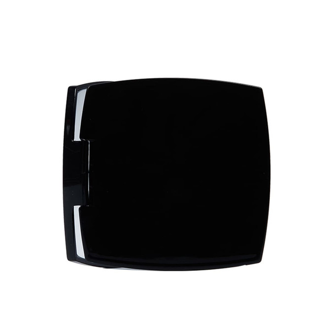 A compact mirror in a sleek black design with a simple, modern shape. It features a reflective interior and a brand logo.