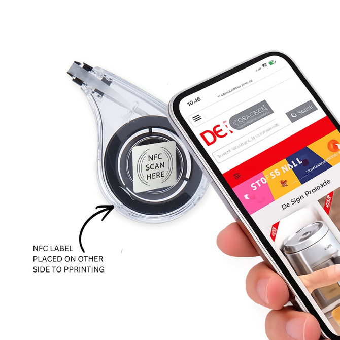 A correction tape dispenser in clear plastic, with a black tape inside, next to a smartphone displaying a website.