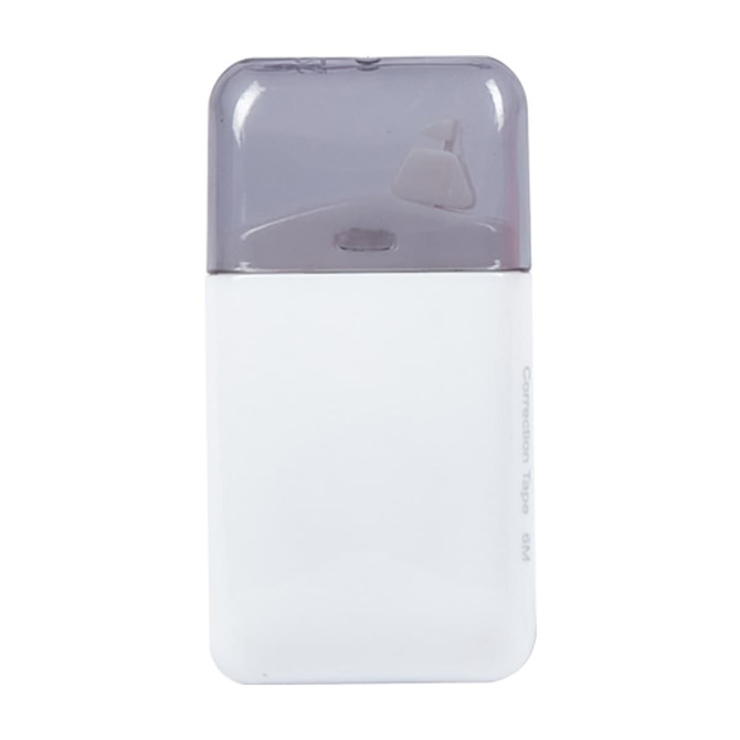 A correction tape dispenser in white with a grey top, featuring a compact design and a logo.
