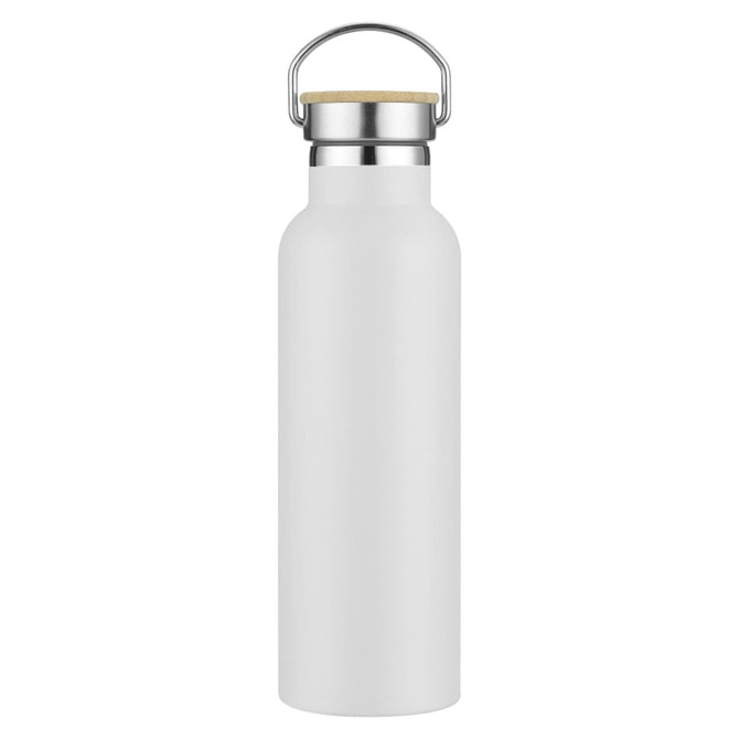A drink bottle in white with a silver lid and a wooden accent, featuring a metal handle.