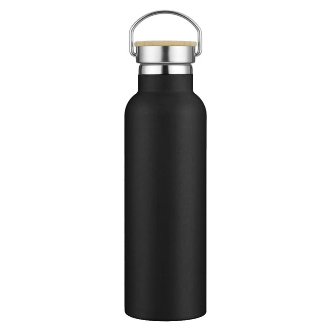 A drink bottle in matte black with a stainless steel cap and a loop for easy carrying.