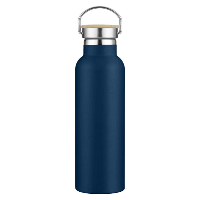 A drink bottle in navy blue with a stainless steel lid and a wooden accent. It features a logo on its surface.