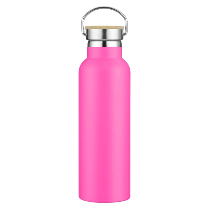 A drink bottle in vibrant pink with a silver lid and wooden accent, featuring a logo.
