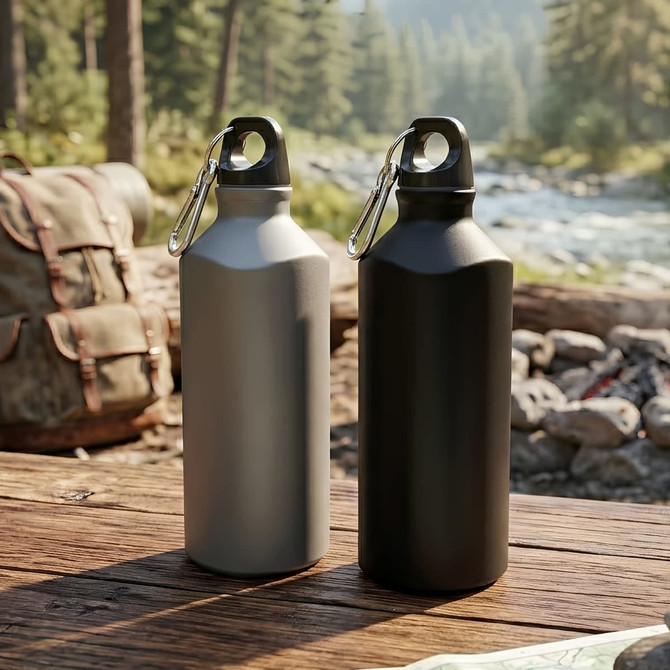 A drink bottle set in grey and black, featuring a carabiner, placed on a wooden surface near a stream.