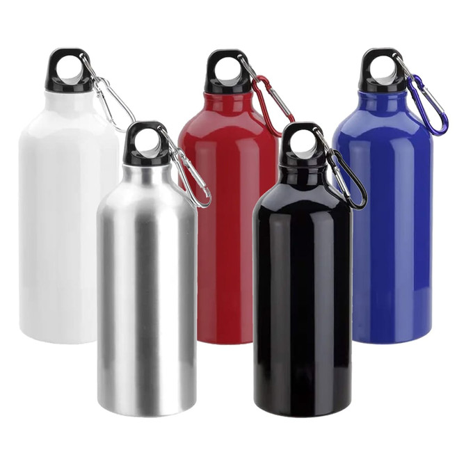 A drink bottle collection featuring white, silver, red, blue, and black options, each with a carabiner clip.