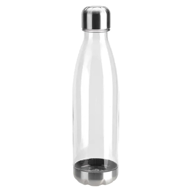 A drink bottle made of clear plastic with a stainless steel top and bottom. Features a sleek, modern design.