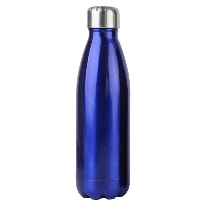 A blue metal drink bottle with a stainless steel lid and a sleek, curved design. It features a logo.