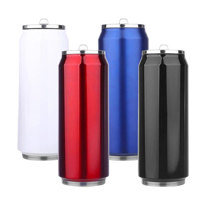 A drink bottle set featuring four colours: white, red, blue, and black, each with a sleek metallic finish and a lid.