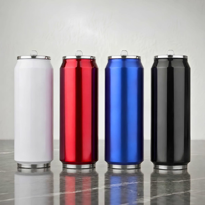 A drink bottle set featuring four metallic bottles in white, red, blue, and black, each with a silver lid.