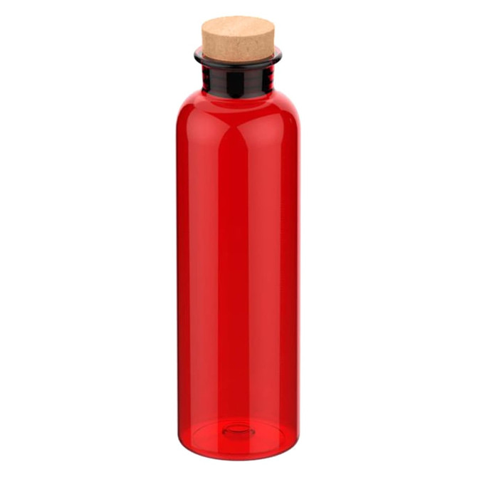 A drink bottle in vibrant red with a cork stopper and a sleek design. It features a logo on the body.