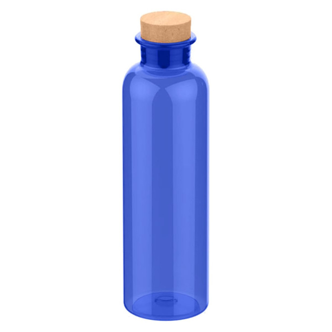 A blue drink bottle with a cork stopper and a smooth, transparent design. It features a logo on the surface.
