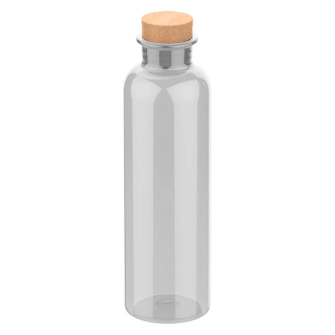 A drink bottle in clear glass with a cork stopper. It features a sleek, cylindrical design and has a logo.