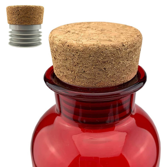 A drink bottle in vibrant red glass with a cork stopper and a grey accent. It features a logo on the design.