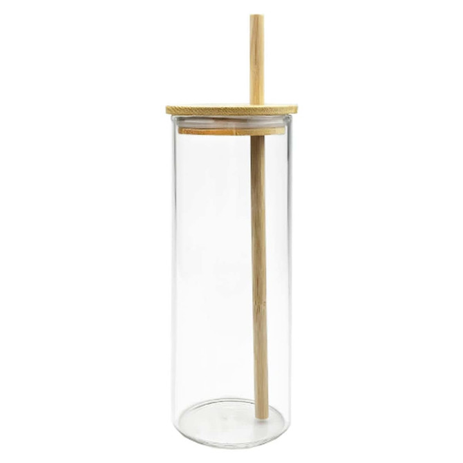A drink bottle in clear glass with a bamboo lid and straw, featuring an elegant, minimalistic design.