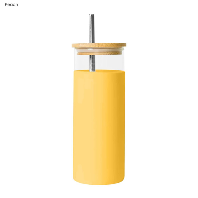 A drink bottle featuring a yellow sleeve, a bamboo lid, and a metal straw. It has a logo on the side.