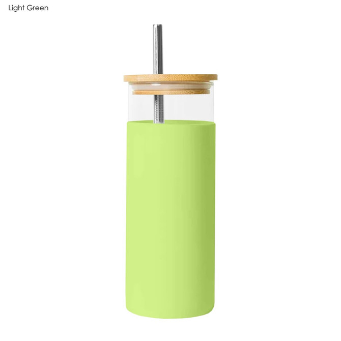 A drink bottle in light green with a wooden lid and a metal straw, featuring a sleek design.