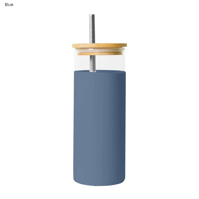 A drink bottle with a blue sleeve and bamboo lid, featuring a metal straw and a clear glass body.