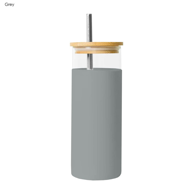 A drink bottle in grey with a bamboo lid and a stainless steel straw, featuring a sleek, modern design.