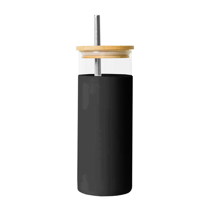 A drink bottle featuring a black sleeve, transparent glass body, bamboo lid, and stainless steel straw.