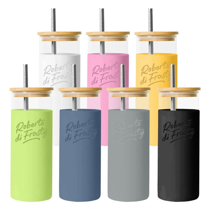 A drink bottle collection featuring various colours, including green, grey, black, pink, yellow, white, and blue, with a wooden lid.