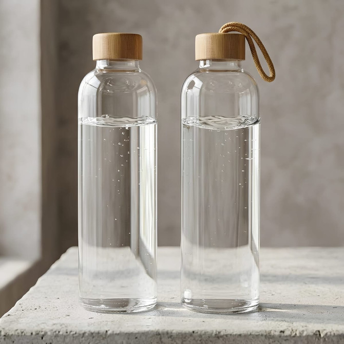 A glass drink bottle with a wooden lid and a rope loop, containing clear water, featuring a sleek design.