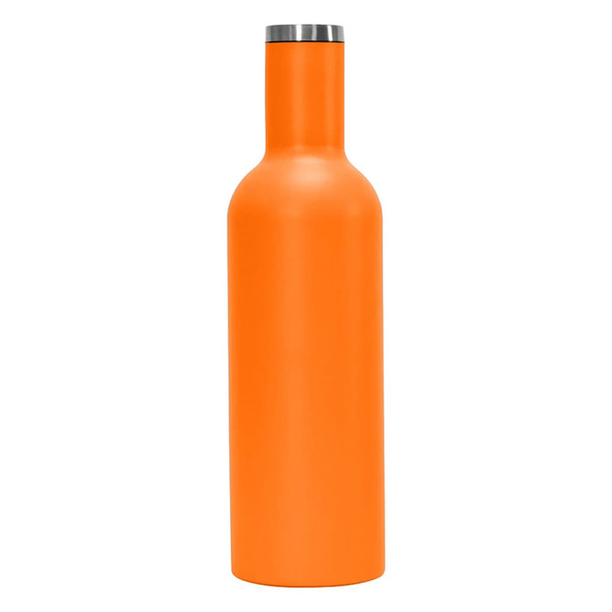 A drink bottle in a vibrant orange colour with a stainless steel lid and a sleek design.