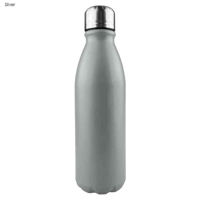 A drink bottle in matte silver with a shiny stainless steel cap and a sleek design, featuring a logo.