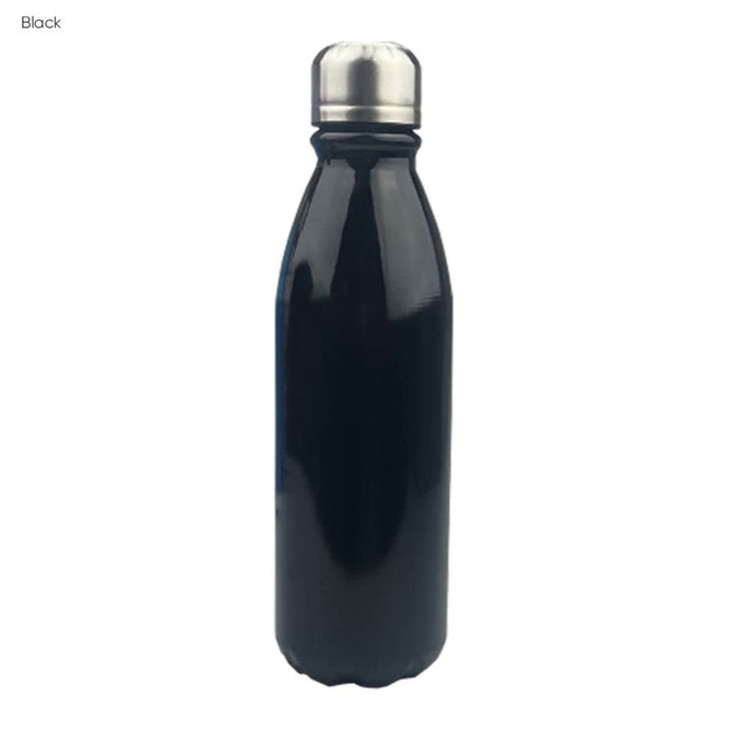 A drink bottle in shiny black aluminium with a stainless steel screw top and a logo.