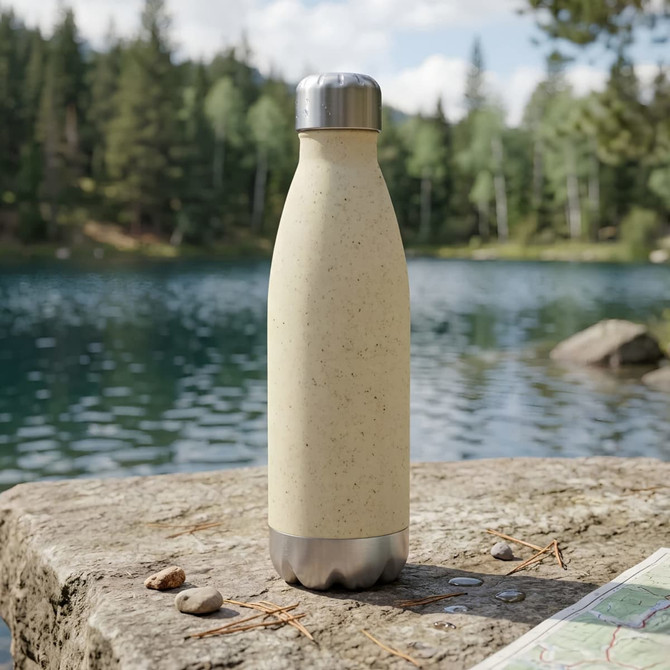 A drink bottle in a light beige colour with a stainless steel base, set against a scenic lakeside background.
